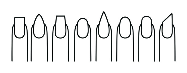 Line style icons of nail shapes: square tip, almond shape, coffin nail, round nail, stiletto shape, oval tip, ballerina nail, edge nail outline.