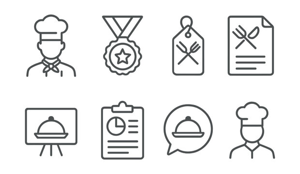 Line style icons of cooking competitions: chef icon, cooking contest badge, recipe challenge tag, culinary competition file, dish presentation board, food challenge chart, competition dish bubble,