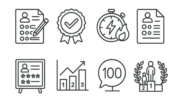 Line style icons of competitive exams: entrance exam icon, standardized test badge, timed challenge tag, exam paper file, evaluation board, ranking chart, final score bubble, academic competition