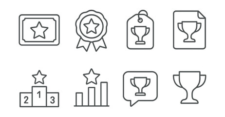 Line style icons of tournament awards: winner’s plaque icon, award ribbon badge, competition cup tag, victory prize file, medal ceremony board, top prize chart, award presentation bubble, trophy