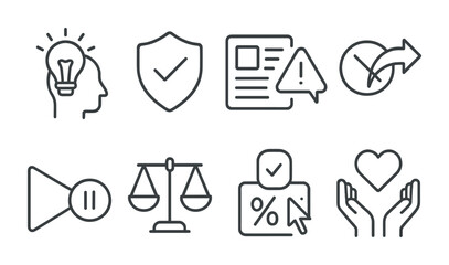 Line style icons of ethical sharing: think before you share icon, news source verification tag, rumor alert badge, viral but false icon, &ldquo;pause and check&rdquo; symbol, source credibility scale, resharing