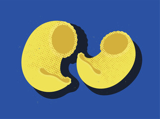 Vintage-style illustration of two pasta shells (conchiglie) on a blue background. Ideal for Italian cuisine themes, food packaging, traditional recipes, and Mediterranean-inspired culinary visuals.
