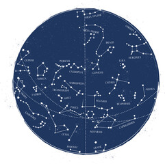 Vintage-style star map illustration of the northern celestial hemisphere. Ideal for astronomy, navigation, skywatching, and symbolic themes like mystery, destiny, orientation and the infinite universe