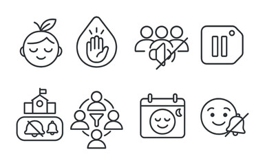 Line style icons of teen-friendly alert design: calm tone icon, no pressure badge, social group mute icon, pause before post tag, school hours silence toggle, friend circle ping filter, weekend chill