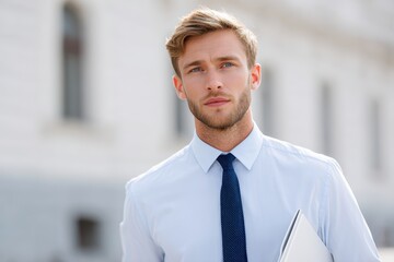 Fototapeta premium A freelancer on city street, professional look professional photo on white background