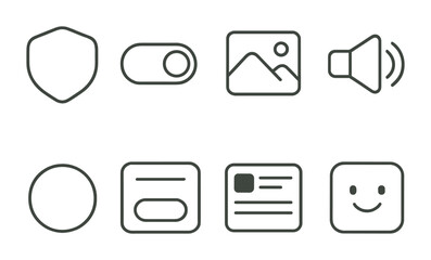 Line style icons of calm tech design: smooth edges badge, soft transitions toggle, gentle animation icon, “quiet sounds only” setting, large friendly button, non-invasive message card, focus-first