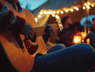 Person playing acoustic guitar at night campsite with string lights