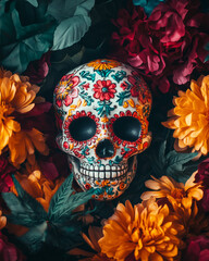 Floral painted sugar skull with marigolds for Day of the Dead