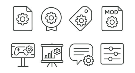 Line style icons of mod configuration: config file icon, settings badge, preferences tag, mod config file, game setting board, mod preferences chart, configuration options bubble, settings panel