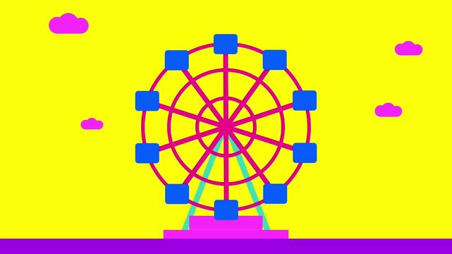 A cheerful amusement park Ferris wheel rotates smoothly, giving a peaceful and elevated view in a bright animated theme park setup