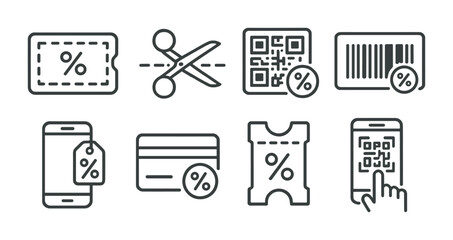 Line style icons of coupon-based sales: digital coupon icon, scissors + dashed line, QR promo code, voucher with barcode, mobile promo tag, card and discount icon, paper ticket with tear, loyalty
