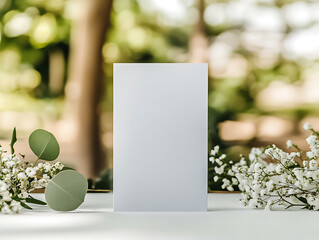 a minimalist wedding card mockup on table with white table cloth, 5x7 wedding program mockup standing up, lemon leaf greenery, sage greenery, eucalyptus greenery and tiny white flowers, cozy feel