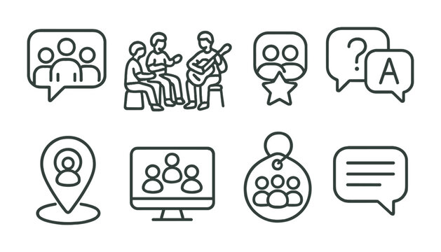 Line style icons of freelancer community: freelancer group chat icon, cowork jam session, peer feedback badge, forum Q&A board, skill-sharing call, local meet-up pin, online circle tag, support