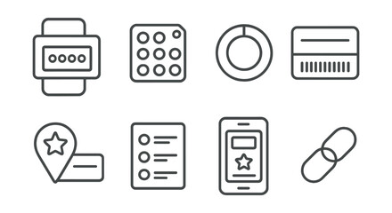 Line style icons of loyalty card features: digital stamp card, punch tag grid, balance tracker ring, barcode + name combo, favorite store + card icon, recent visits list, loyalty app home, linked