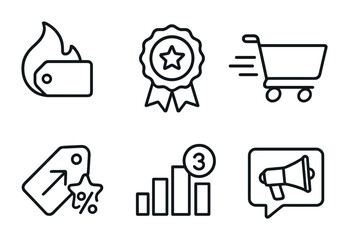 Line style icons of top-selling discounts: best deal flame icon, most claimed offer badge, trending discount tag, cart rush icon, hot price bubble, item + star + %, top 3 deal chart, social buzz