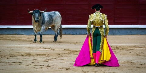 Obraz premium Bull and matador locked in an intense stare, ready for confrontation in a Spanish bullring