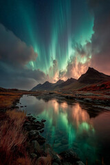 Aurora borealis illuminating night sky over mountain range and reflecting in river