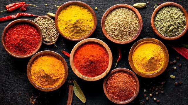 Variety of Spices in Bowls on Dark Textured Background
