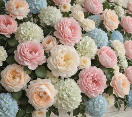Obraz premium Pastel vintage artificial roses, peonies & hydrangeas wall backdrop , arrangement, backdrop