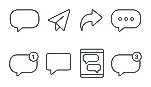 Line style icons of basic chat elements: text bubble, send arrow, reply icon, typing dots, new message badge, open chat window, scrollable chat history, unread message count.