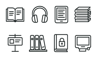 Line style icons of library materials: printed book icon, audio book headphones, e-book reader symbol, research journal stack, newspaper rack tag, DVD collection shelf, rare book lock, microfilm icon