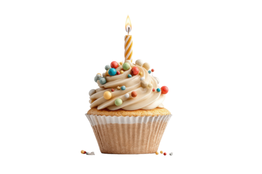 PNG Festive cupcake with swirled frosting and candle on black background