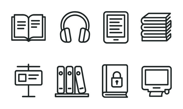 Line style icons of library materials: printed book icon, audio book headphones, e-book reader symbol, research journal stack, newspaper rack tag, DVD collection shelf, rare book lock, microfilm icon
