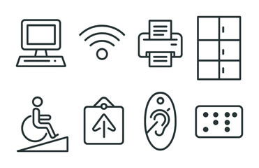 Line style icons of library access tools: public access terminal, Wi-Fi symbol, copy and print station, locker for personal items, accessibility ramp icon, tactile signage badge, hearing loop tag,