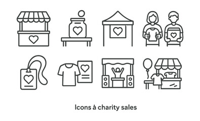 Line style icons of charity sales at events: outdoor booth icon, donation jar on table, charity tent banner, volunteers with products, event pass with heart, product + flyer combo, fundraising