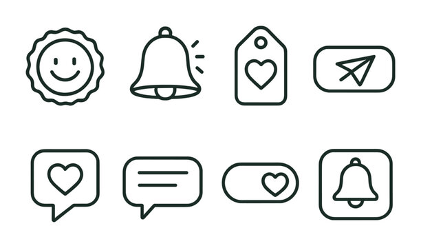 Line style icons of kindness reminder apps: smile today badge, compliment bell, gratitude moment tag, send kindness button, heart ping icon, gentle nudge bubble, support others toggle, mindful
