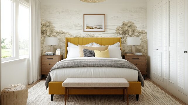 A mustard-yellow bedroom interior design.