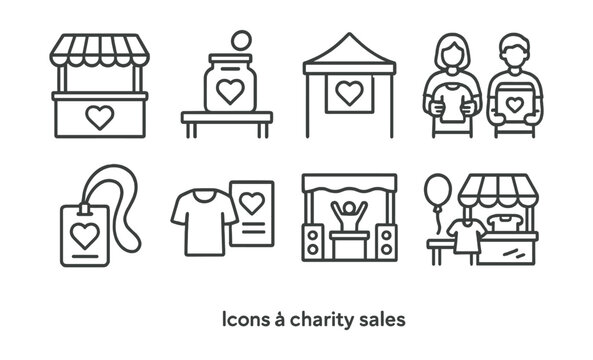 Line style icons of charity sales at events: outdoor booth icon, donation jar on table, charity tent banner, volunteers with products, event pass with heart, product + flyer combo, fundraising