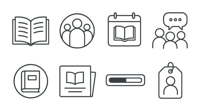 Line style icons of book club essentials: open book icon, reader circle badge, shared reading schedule, group discussion bubble, book of the month symbol, meeting invitation card, reading progress