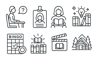 Line style icons of book club events: guest author Q&A icon, meet the author badge, live book review panel, literary trivia night symbol, book bingo card, themed discussion week, book adaptation