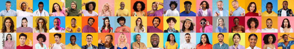 Poster a collage of diverse faces representing various lifestyles, showcasing joy and unity against bright,