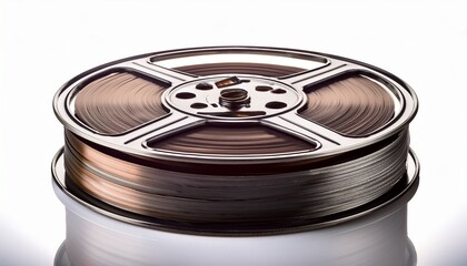 old film tapes in metal bobbins highlighted on a white background