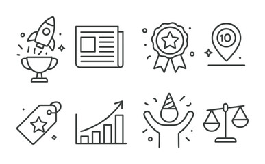 Line style icons of startup milestones: product launch trophy, press coverage icon, first sale badge, 1000 users marker, feature release tag, revenue growth chart, new hire celebration, break-even