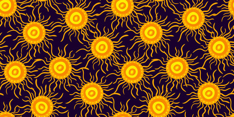 vibrant sun seamless pattern with abstract yellow orange solar shapes on dark purple background – summer boho style vector for textile, decor, and web