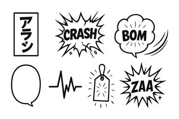Line style icons of manga sound effects: katakana sound panel, CRASH effect icon, BAM lines bubble, WHOOSH wind trail, silent moment ellipse, heartbeat in text, tense click sound tag, magic “ZAA”