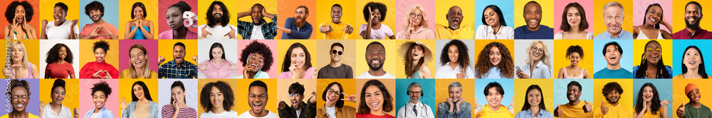 Poster A vibrant collage showcasing smiling, diverse individuals. Each portrait reflects unique backgrounds and expressions, emphasizing joy and unity amidst a colorful backdrop.