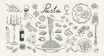 Italian pasta hand drawn ink set. Different mediterranean pasta types with wine, seafood, cheese. Farfalle, fusilli, fettuccine, linguine vector illustration for card, poster. Classic italian cuisine.