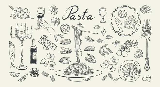 Italian pasta hand drawn ink set. Different mediterranean pasta types with wine, seafood, cheese. Farfalle, fusilli, fettuccine, linguine vector illustration for card, poster. Classic italian cuisine.