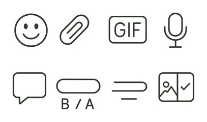 Line style icons of chat interface tools: emoji picker icon, file attachment tag, GIF selector, voice message mic, sticker panel symbol, message input field, formatting options row, chat background