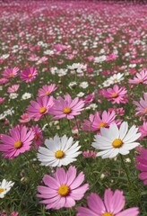 Fototapeta premium Vast cosmos field, vibrant pink and white blooms, autumn, view