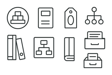 Line style icons of cataloging and organization: Dewey Decimal icon, call number label, genre tag board, subject heading tree, book spine marker, classification chart, catalog card icon, archive