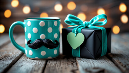 a teal mug with a black mustache sticker, next to a black box with a teal bow and green heart, on a rustic wooden surface, with bokeh lights in the background.