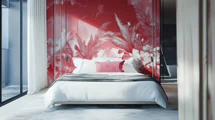 Interior design of a modern bedroom with a bold red wall.