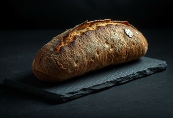 Dark and moody food aesthetic with artisanal bread on slate board