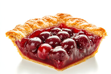 Delectable cherry pie slice, glistening with juice, atop a white surface showcasing its golden crust and vibrant red filling.