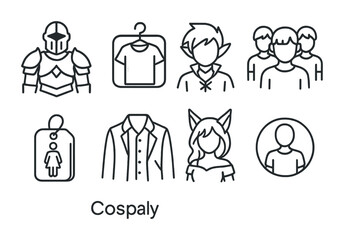 Line style icons of cosplay types: armor build icon, closet cosplay badge, original character symbol, group cosplay layout, crossplay tag, genderbend outfit icon, gijinka redesign, casual version